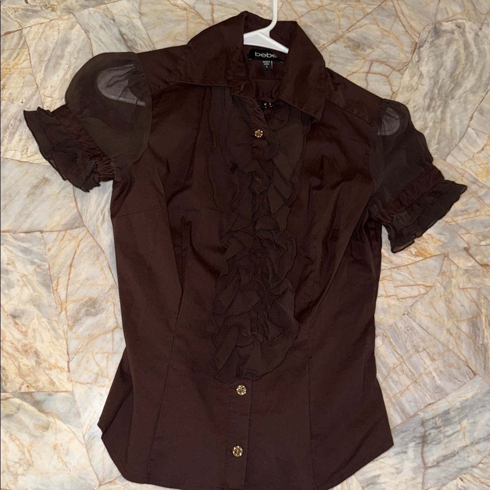 Bebe Chocolate Ruffle Blouse Small - Picture 3 of 13